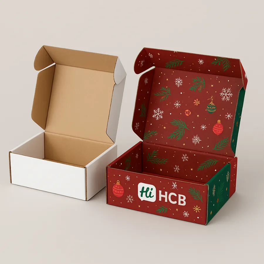 Two open shipping boxes- one plain and one custom-printed red with a Christmas pattern inside- class=